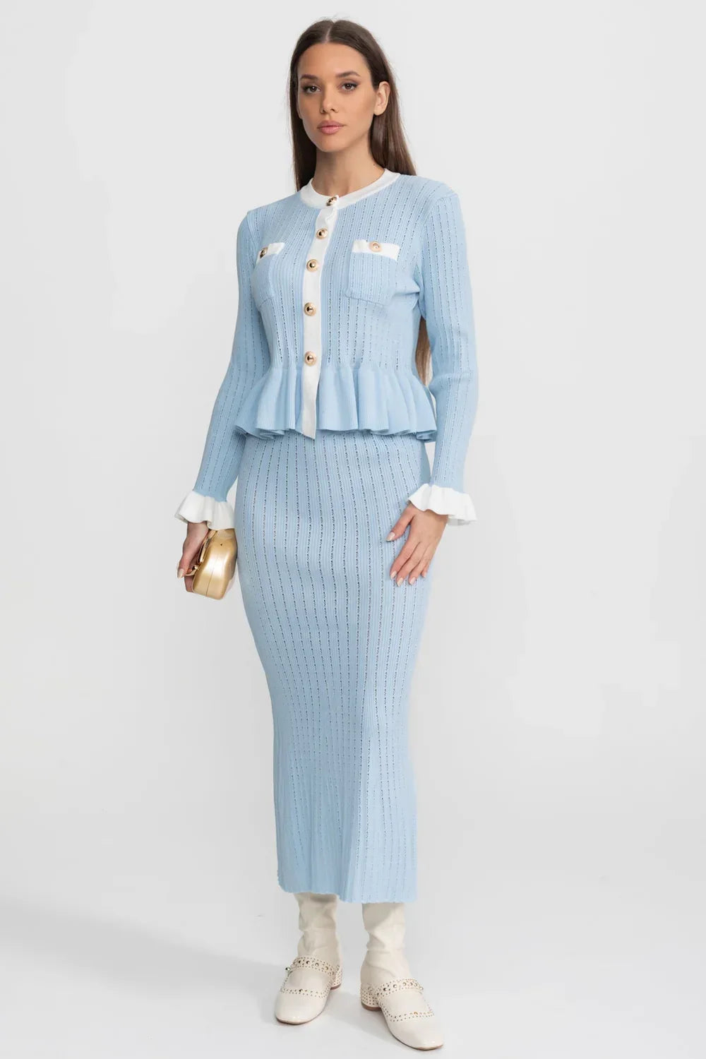 Conjunto Tricô de Duas Peças: Casaco com Peplum e Saia Sereia Midi