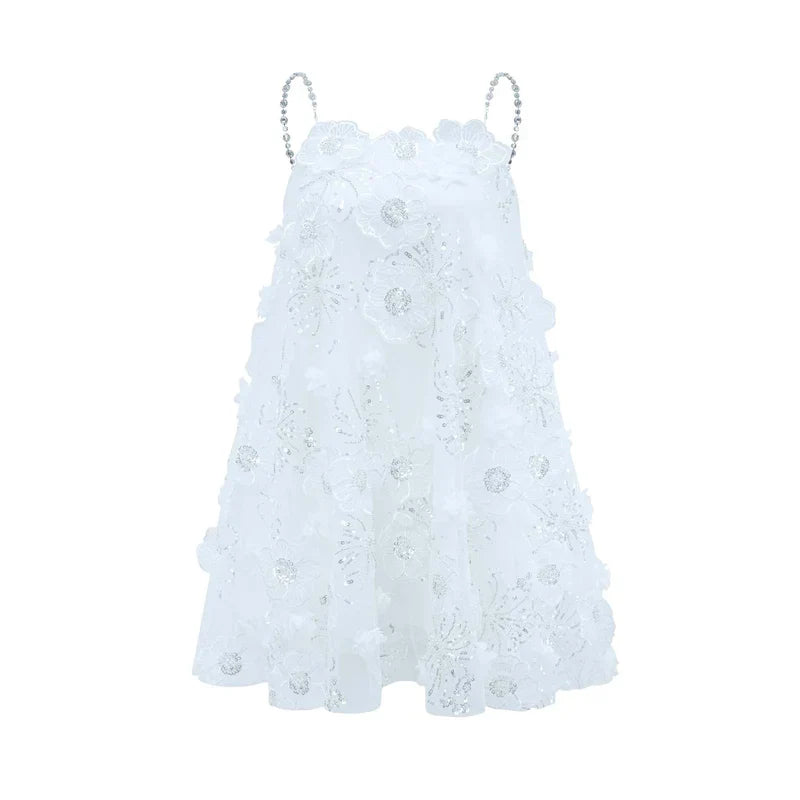 Vestido Bordado Floral, Cristais Manuais e Alças Delicadas