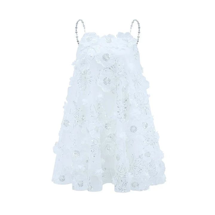 Vestido Bordado Floral, Cristais Manuais e Alças Delicadas