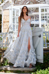 Lídia | Vestido Longo Floral em Tule com Fenda e Decote em V Profundo