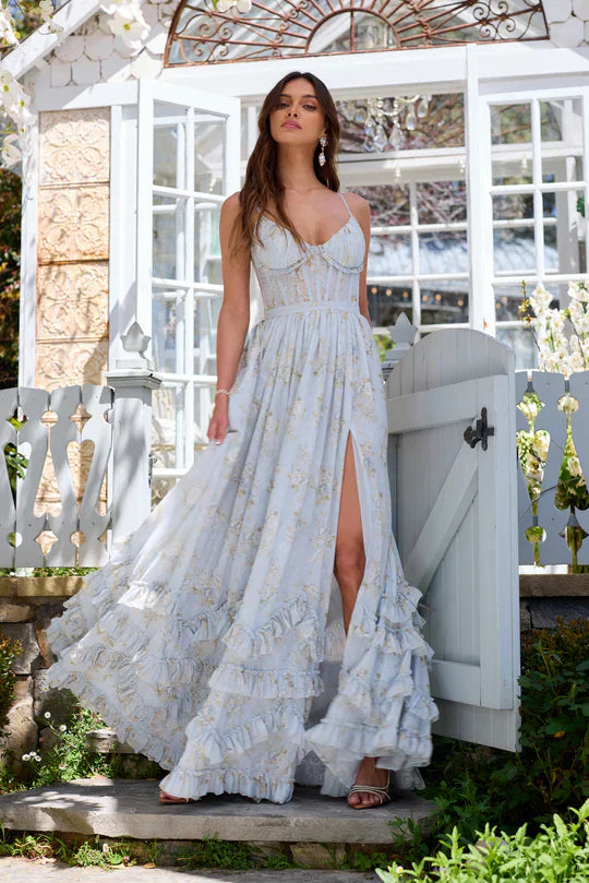 Lídia | Vestido Longo Floral em Tule com Fenda e Decote em V Profundo