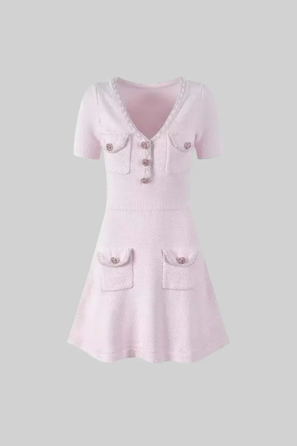 Isabela | Vestido Curto em Tricô Evasê Rosa com Botões