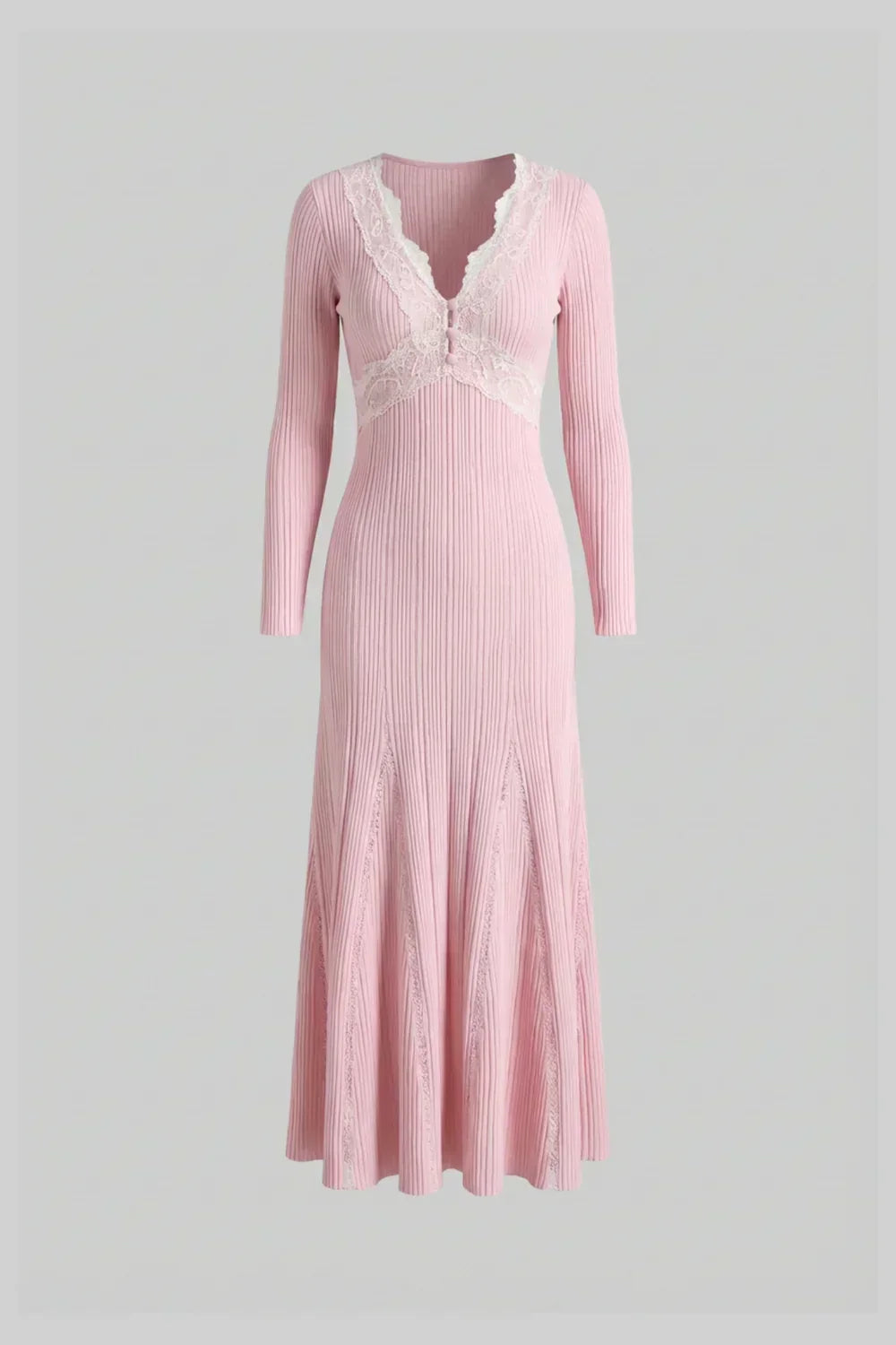 Letícia | Vestido Midi Canelado Rosa com Detalhes em Renda