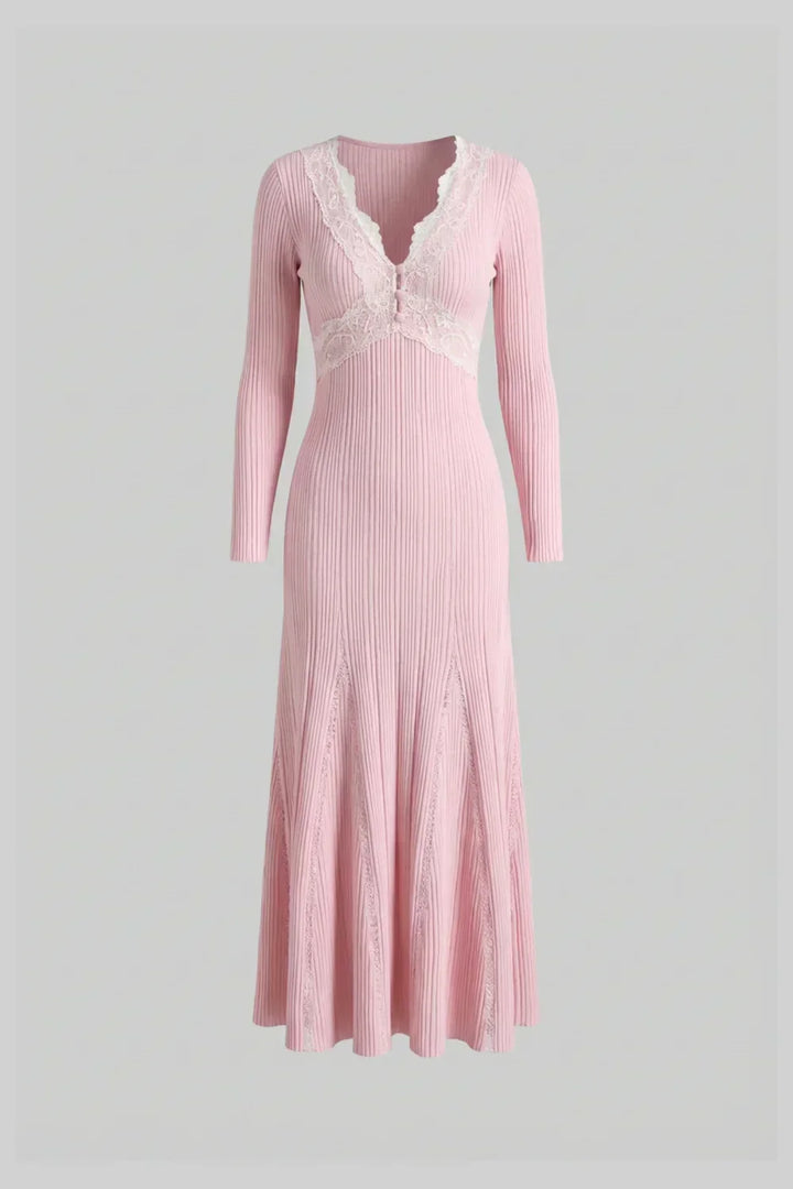 Letícia | Vestido Midi Canelado Rosa com Detalhes em Renda