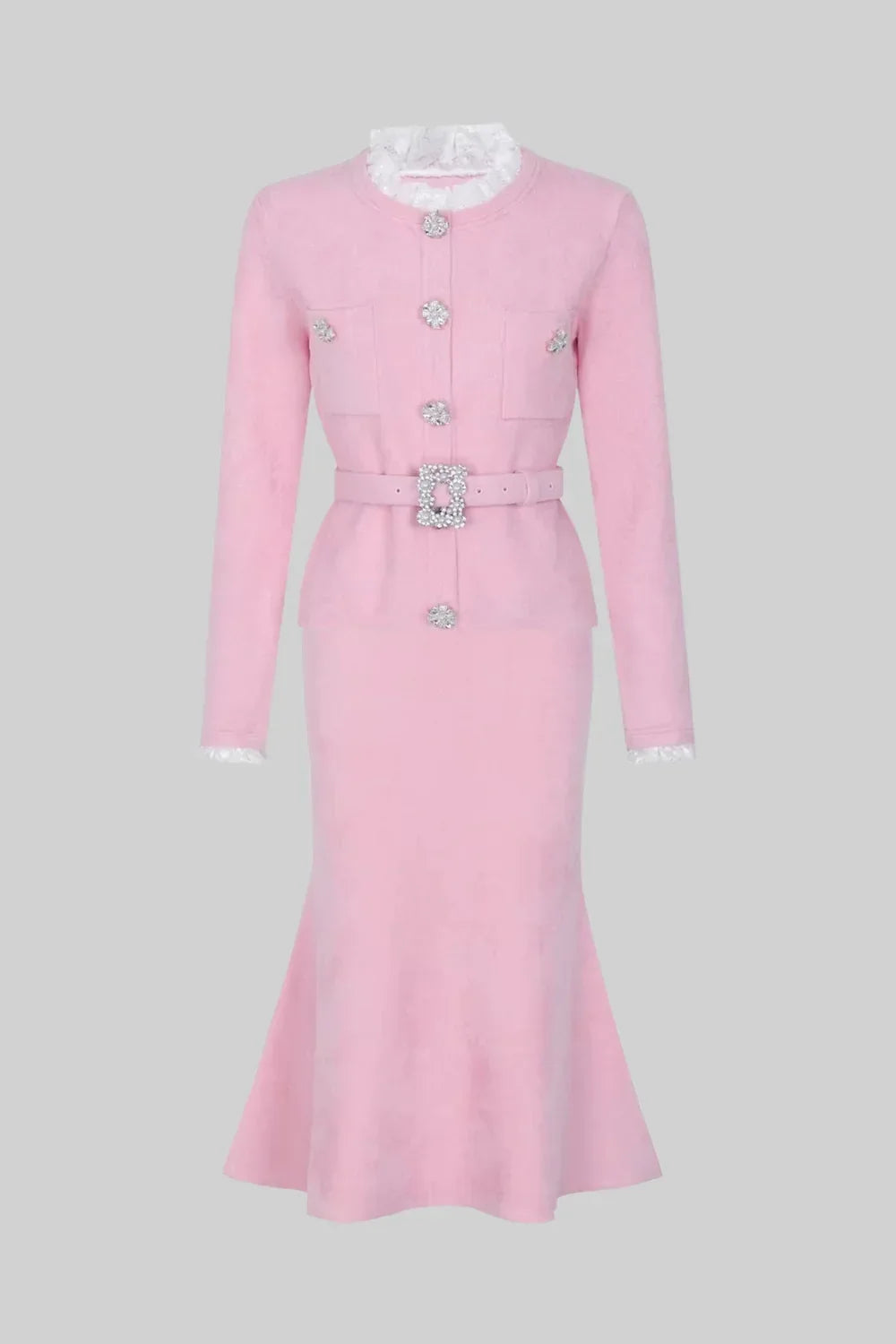 Conjunto Executivo Rosa: Casaco Estruturado e Saia Sereia Midi – Elegância