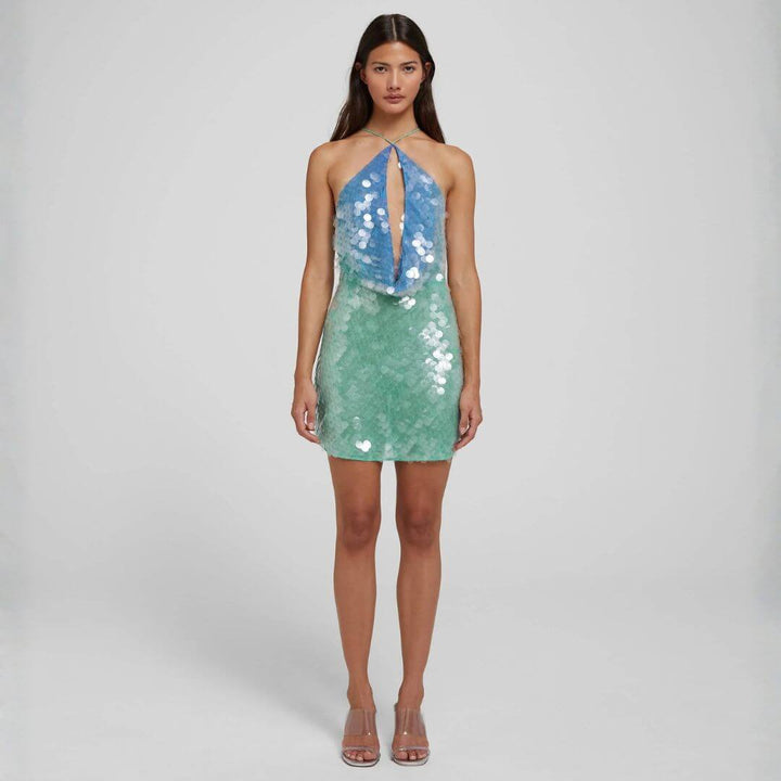 Amelie | Vestido Mini em Paetê Verde Água com Halter Assimétrico
