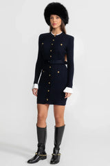 Vestido Midi Canelado com Detalhes em Splicing e Mangas Trombeta