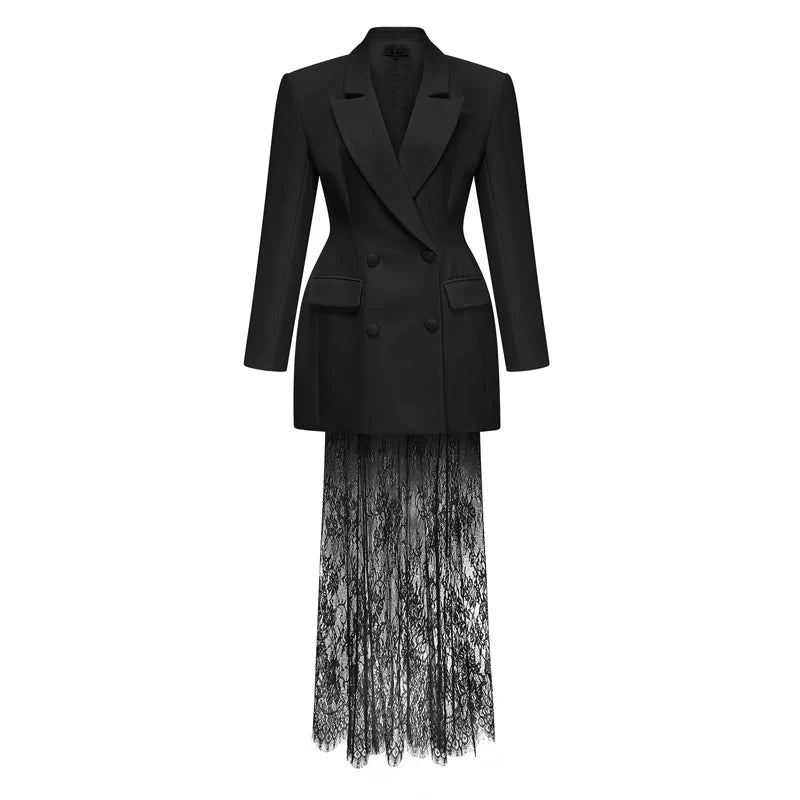 Conjunto Blazer Transpassado e Saia Evasê em Renda Trabalhada
