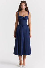 Adriana | Vestido Midi Azul Marinho com Corpete Franzido e Saia Evasê