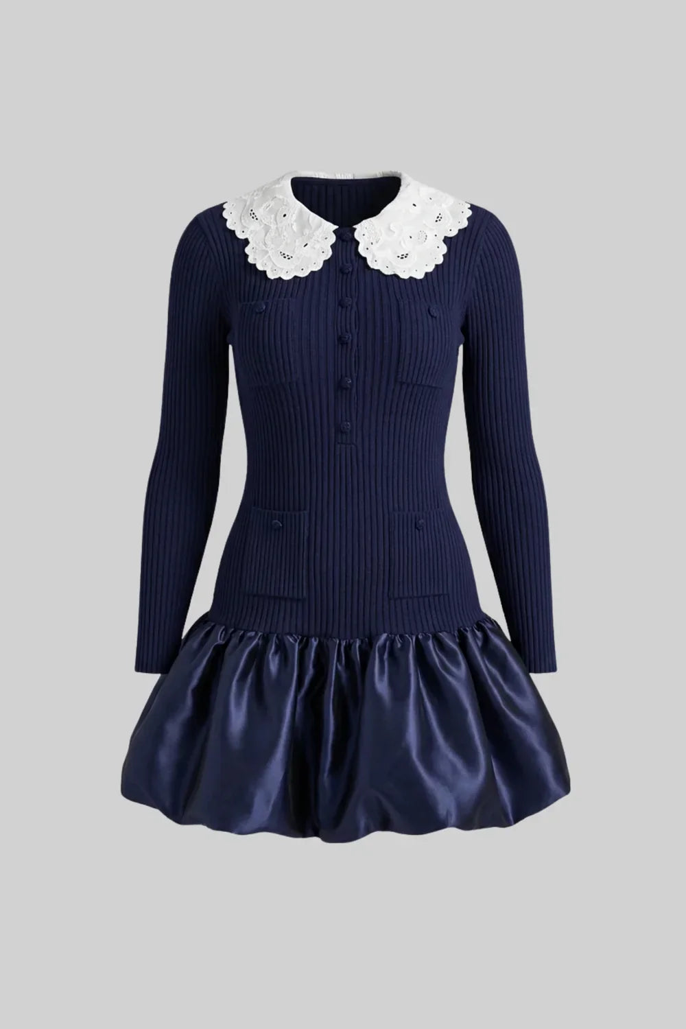 Vestido Mini de Luxo com Detalhes em Renda, Mangas Longas e Saia de Volume
