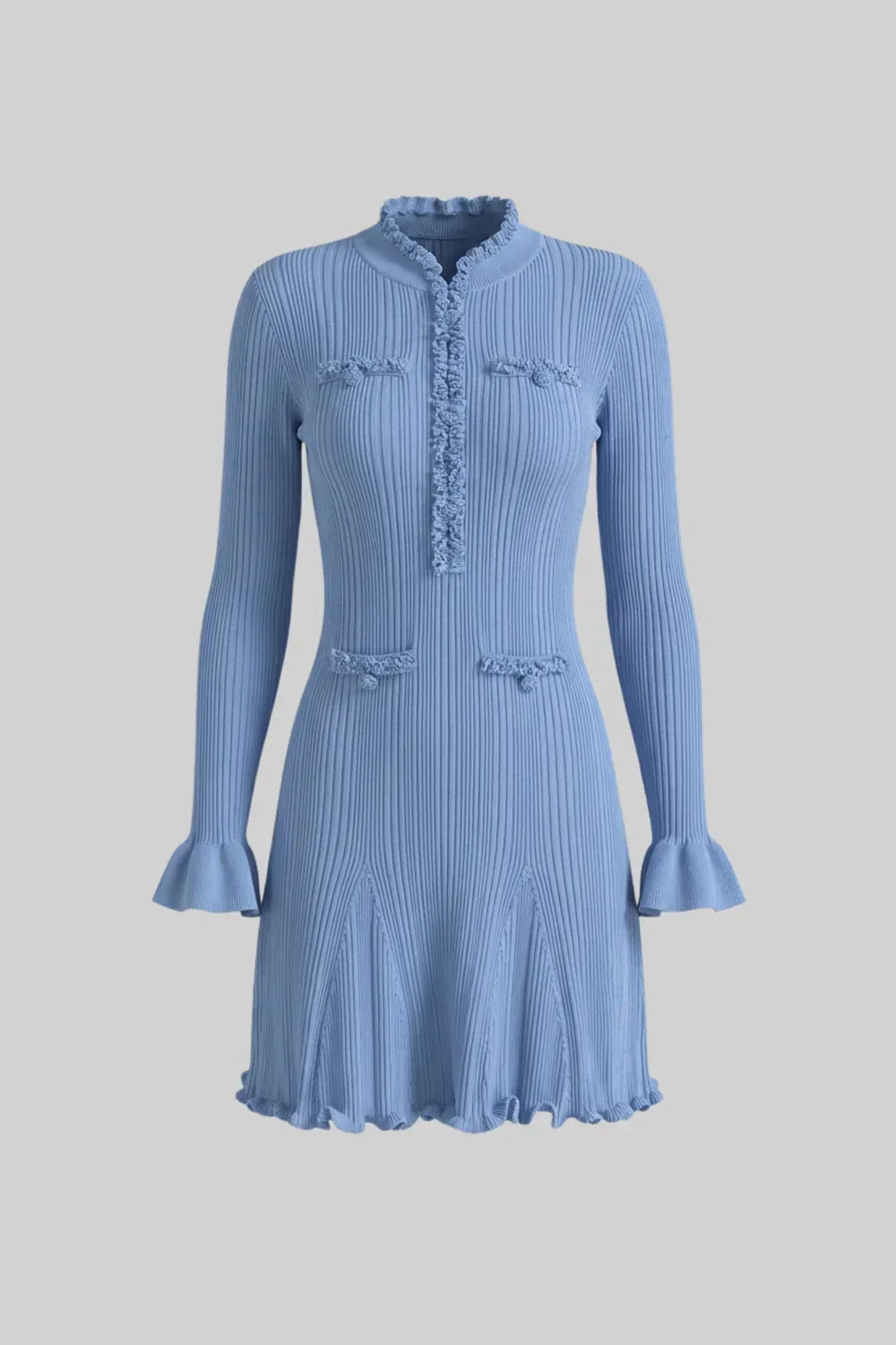 Vestido Curto Manga Longa com Acabamento de Pedraria e Punhos em Sino