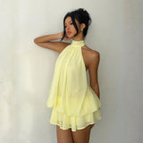 Lina | Macaquinho Curto em Chiffon com Camadas e Gola Halter