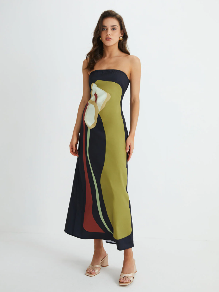 Dagmar | Vestido Midi Color Block com Tomara que Caia e Fenda Lateral