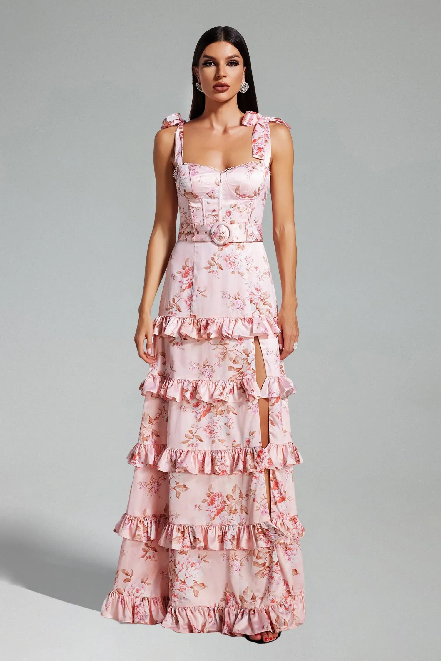 Vestido Longo Estampado Plissado com Decote Quadrado — Elegância Atemporal
