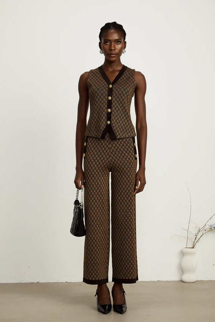 Conjunto Colete em Jacquard com Botões de Metal e Calça Pantalona