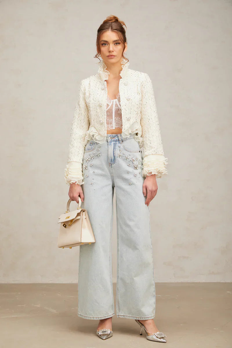 Margot | Casaco Curto em Tweed Branco com Pérolas e Pedrarias