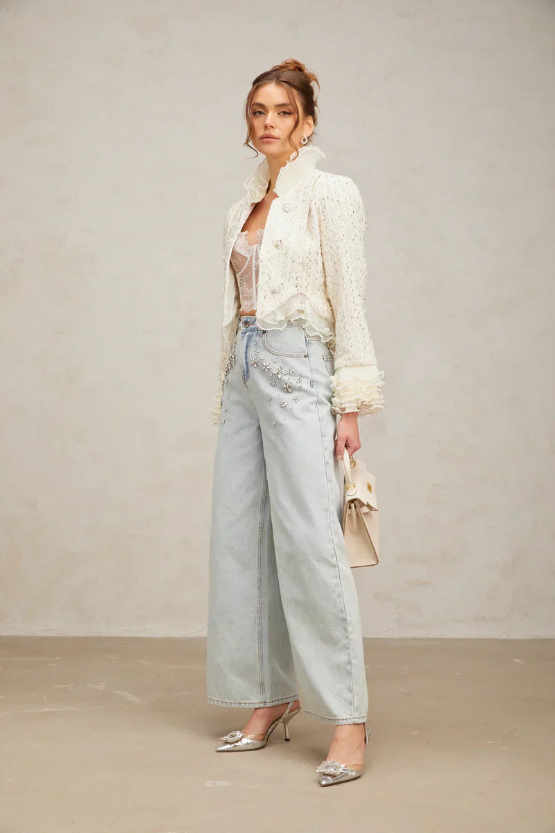Margot | Casaco Curto em Tweed Branco com Pérolas e Pedrarias