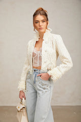 Margot | Casaco Curto em Tweed Branco com Pérolas e Pedrarias