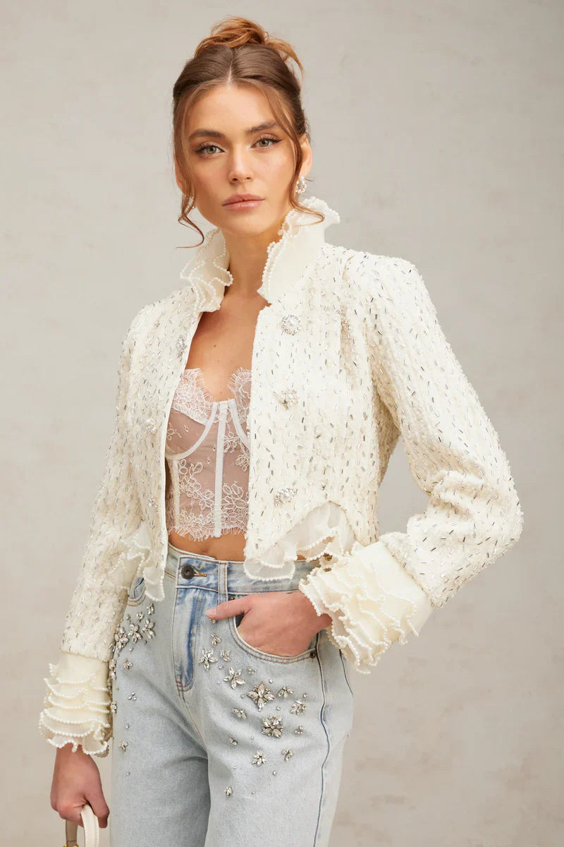 Margot | Casaco Curto em Tweed Branco com Pérolas e Pedrarias