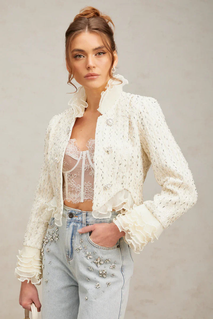Margot | Casaco Curto em Tweed Branco com Pérolas e Pedrarias
