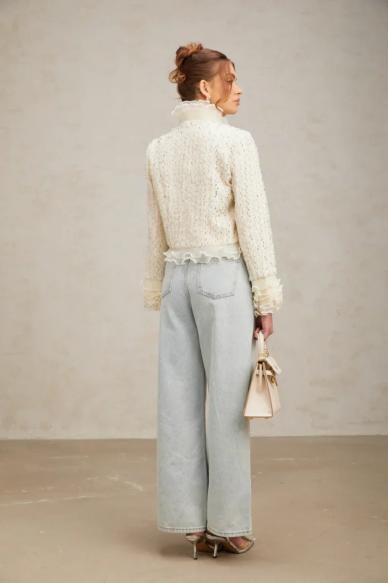 Margot | Casaco Curto em Tweed Branco com Pérolas e Pedrarias