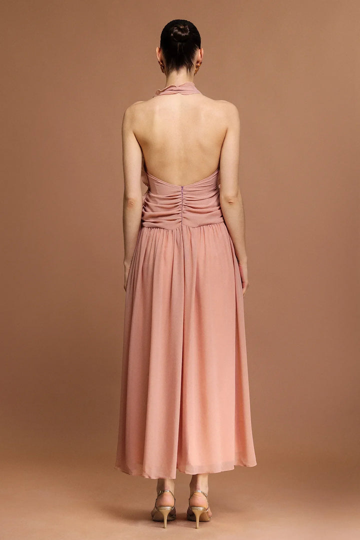 Vestido Longo Rosa com Decote V, Costas Abertas e Acabamento Floral