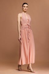 Vestido Longo Rosa com Decote V, Costas Abertas e Acabamento Floral