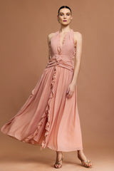 Vestido Longo Rosa com Decote V, Costas Abertas e Acabamento Floral