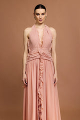 Vestido Longo Rosa com Decote V, Costas Abertas e Acabamento Floral