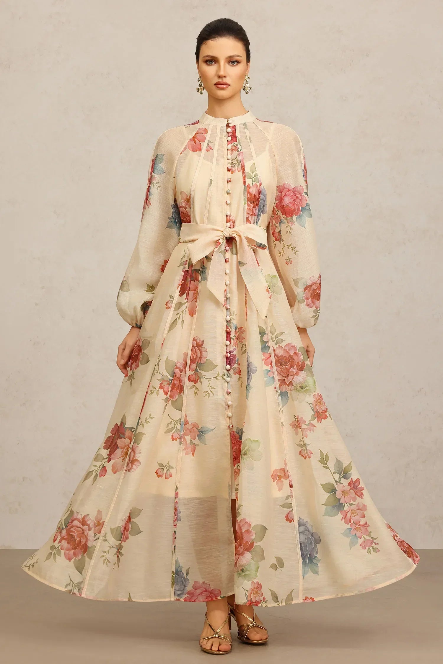Vestido Longo de Manga Longa com Estampa Floral