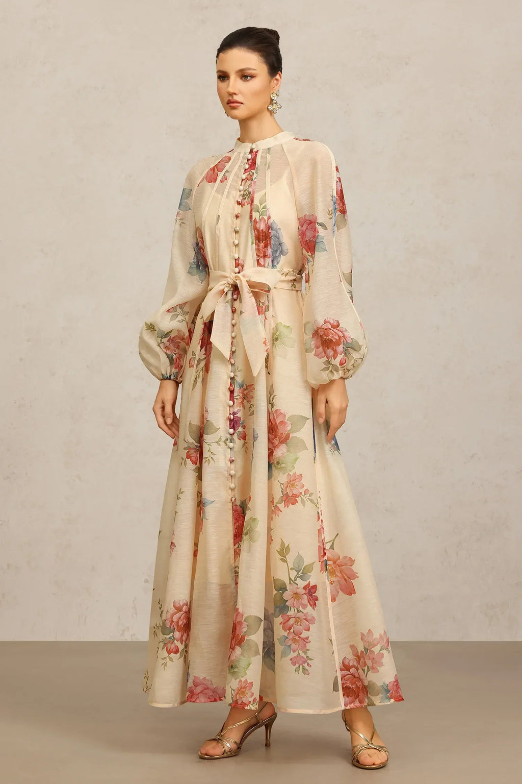 Vestido Longo de Manga Longa com Estampa Floral
