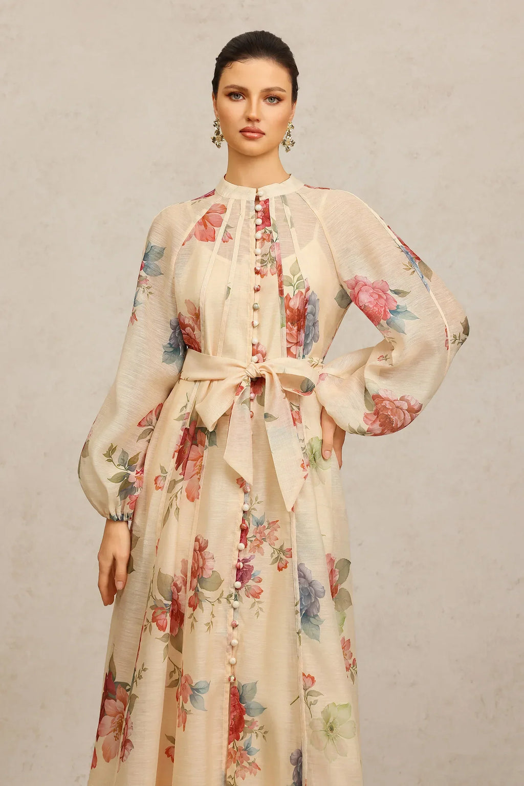 Vestido Longo de Manga Longa com Estampa Floral
