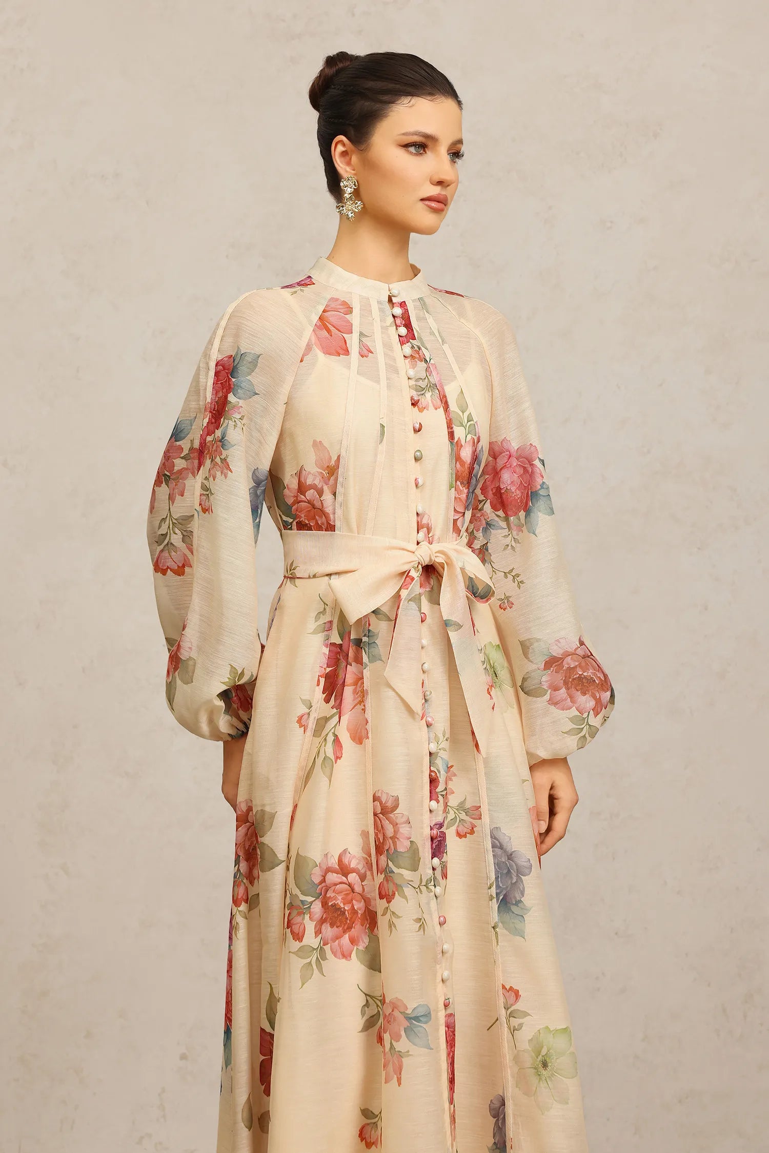 Vestido Longo de Manga Longa com Estampa Floral
