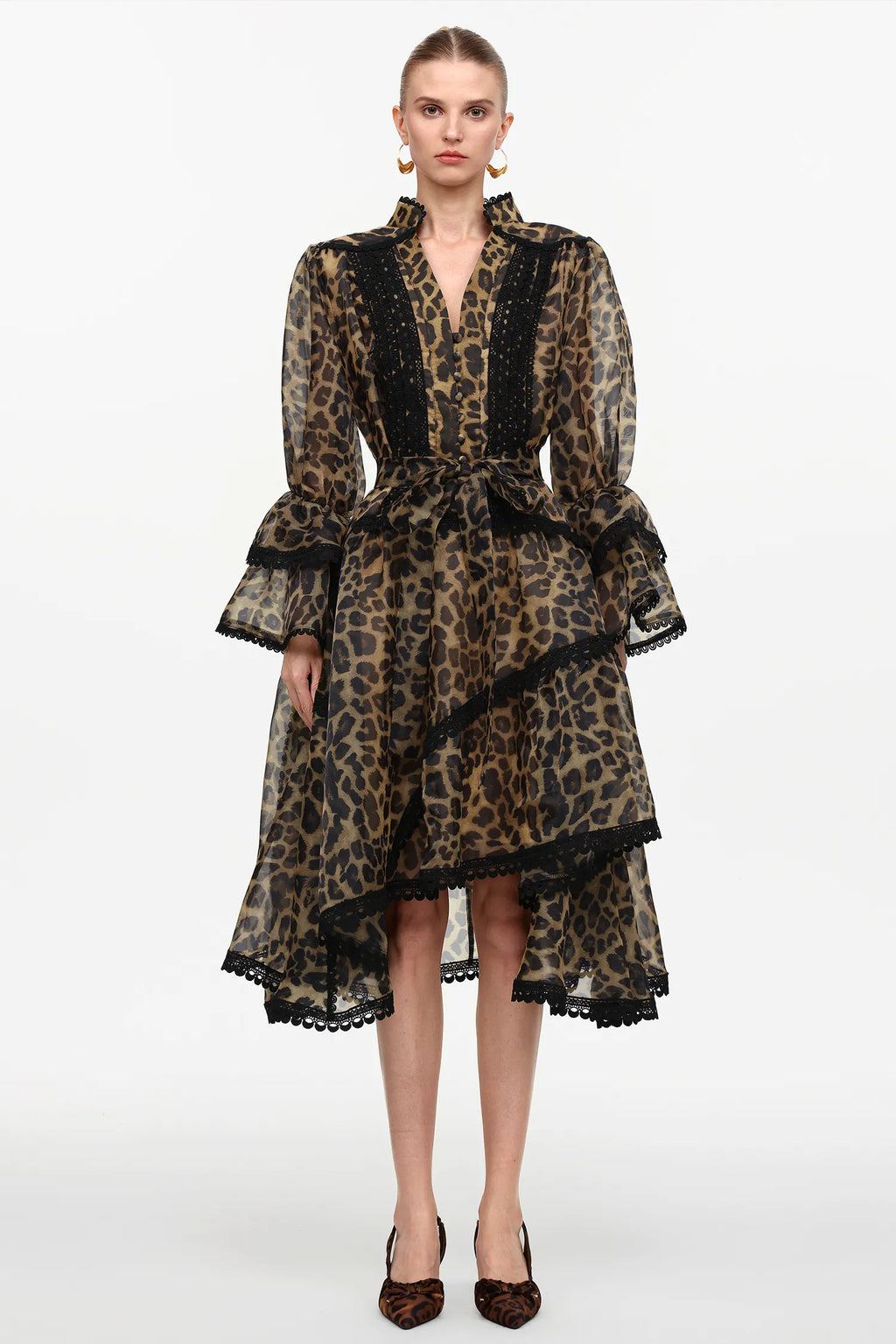 Vestido Midi com Estampa Animal Print, Decote V, Manga Ampla e Cintura Alta Assimétrica