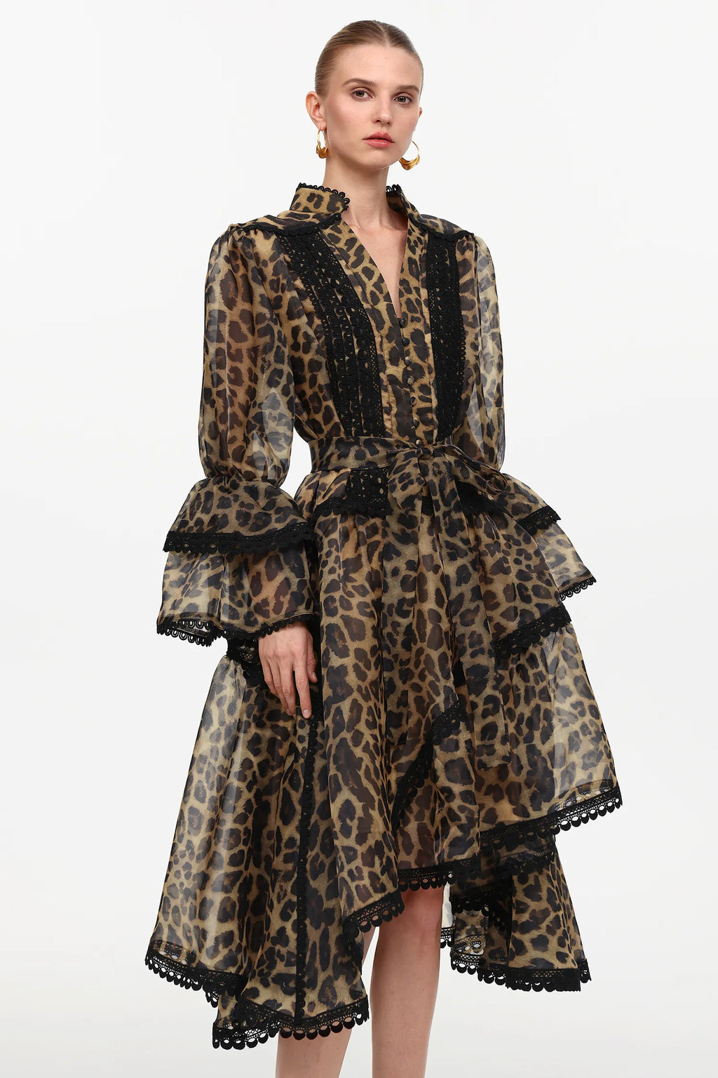 Vestido Midi com Estampa Animal Print, Decote V, Manga Ampla e Cintura Alta Assimétrica