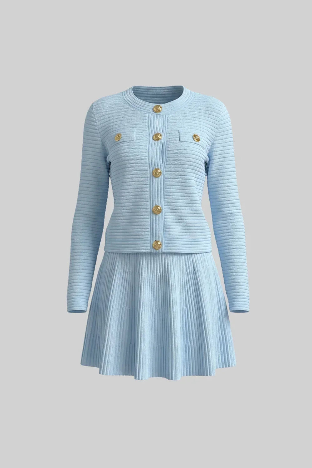 Conjunto em Tricô Estruturado -  Cardigan com Botões Dourados e Saia Plissada
