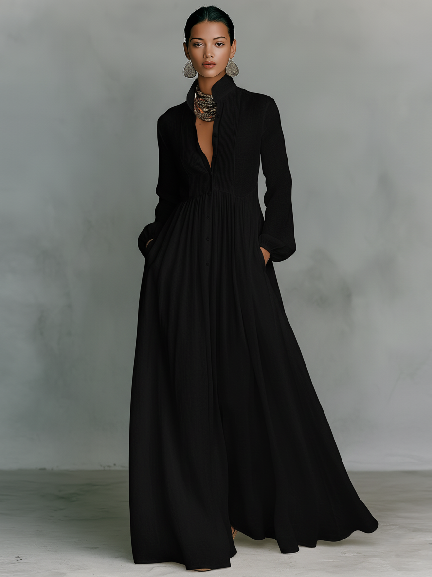 Aurora | Vestido Longo Branco com Decote em V, Manga Longa e Saia Ampla