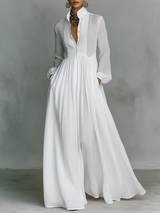 Aurora | Vestido Longo Branco com Decote em V, Manga Longa e Saia Ampla