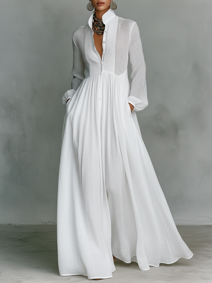 Aurora | Vestido Longo Branco com Decote em V, Manga Longa e Saia Ampla