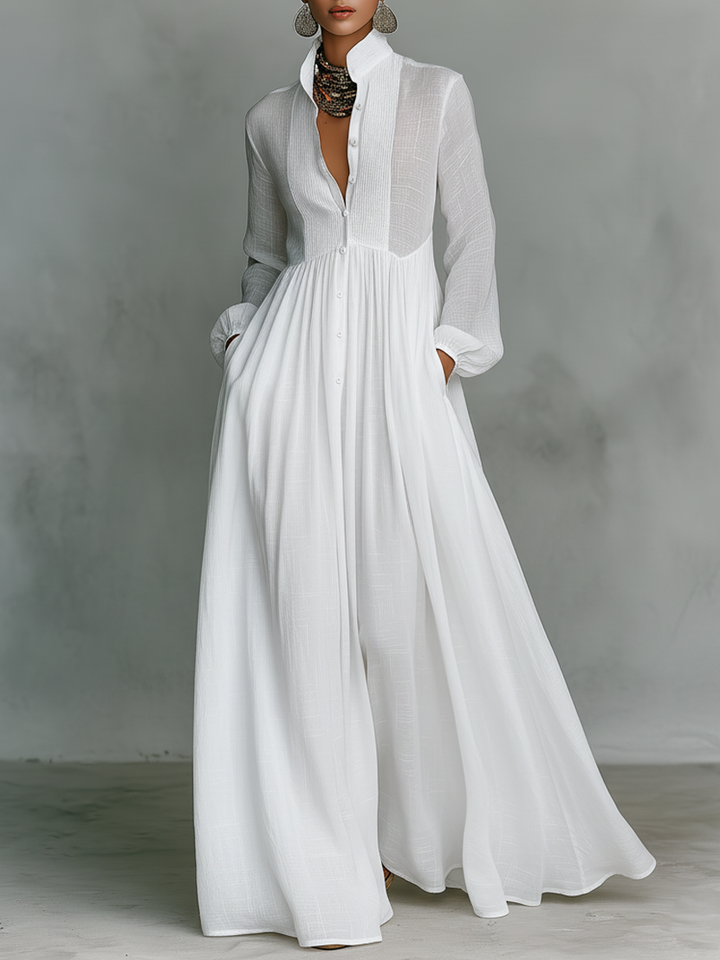 Aurora | Vestido Longo Branco com Decote em V, Manga Longa e Saia Ampla