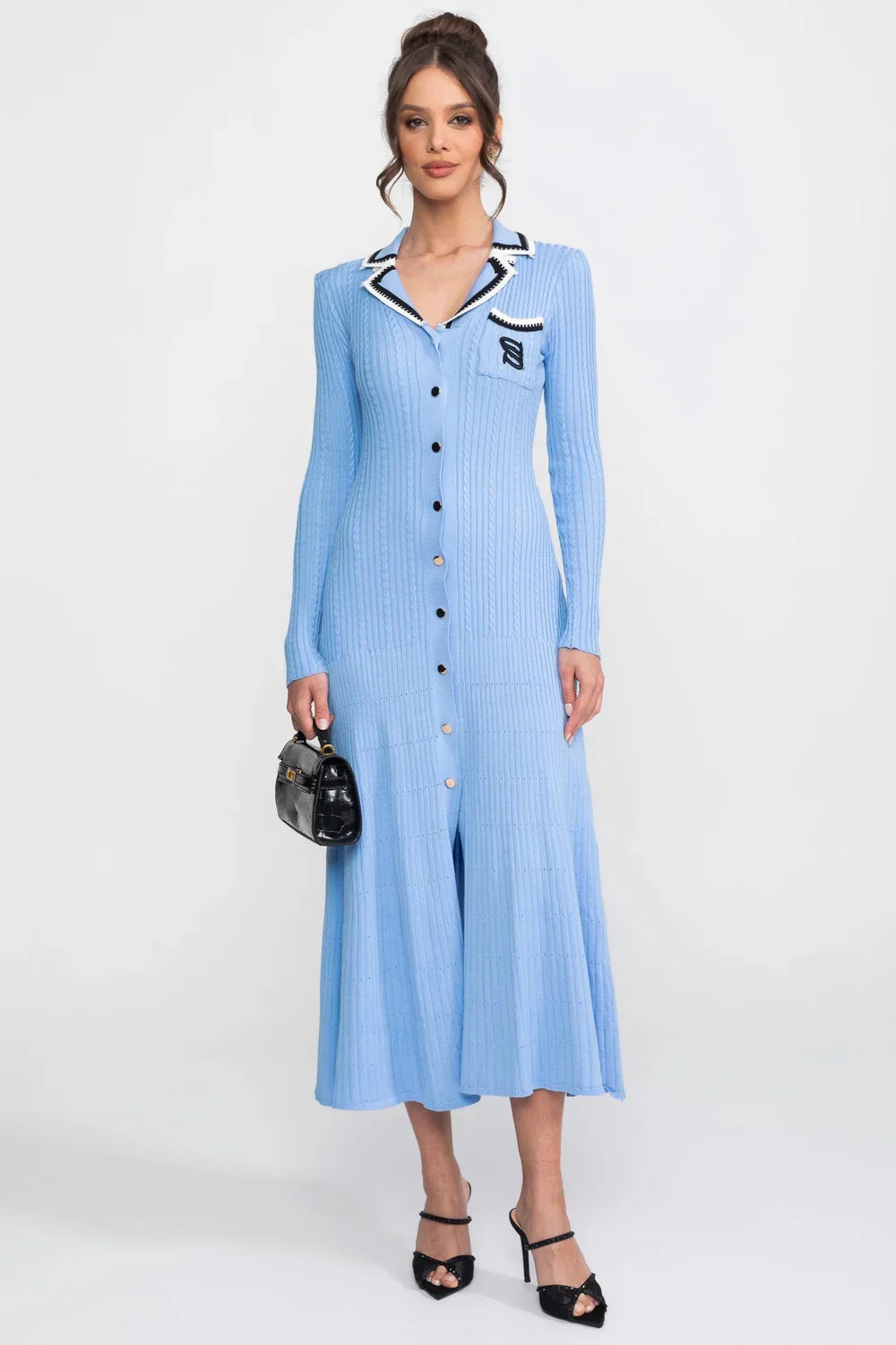 Vestido Longo em Tricô Canelado com Gola Polo e Mangas Alinhadas
