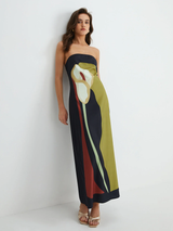 Dagmar | Vestido Midi Color Block com Tomara que Caia e Fenda Lateral