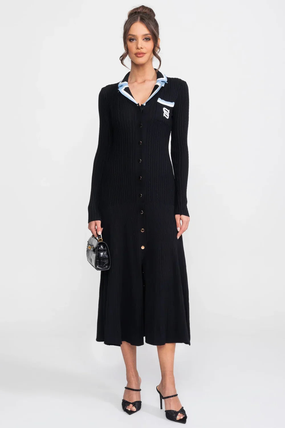 Vestido Longo em Tricô Canelado com Gola Polo e Mangas Alinhadas