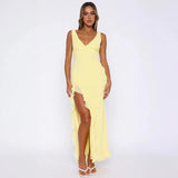 Zaretha | Vestido Longo Amarelo com Alças Finas e Fenda Alta