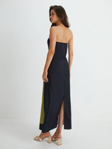 Dagmar | Vestido Midi Color Block com Tomara que Caia e Fenda Lateral