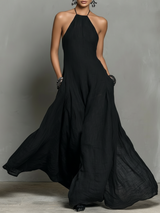Selma | Vestido Longo Preto com Halter e Saia Volumosa