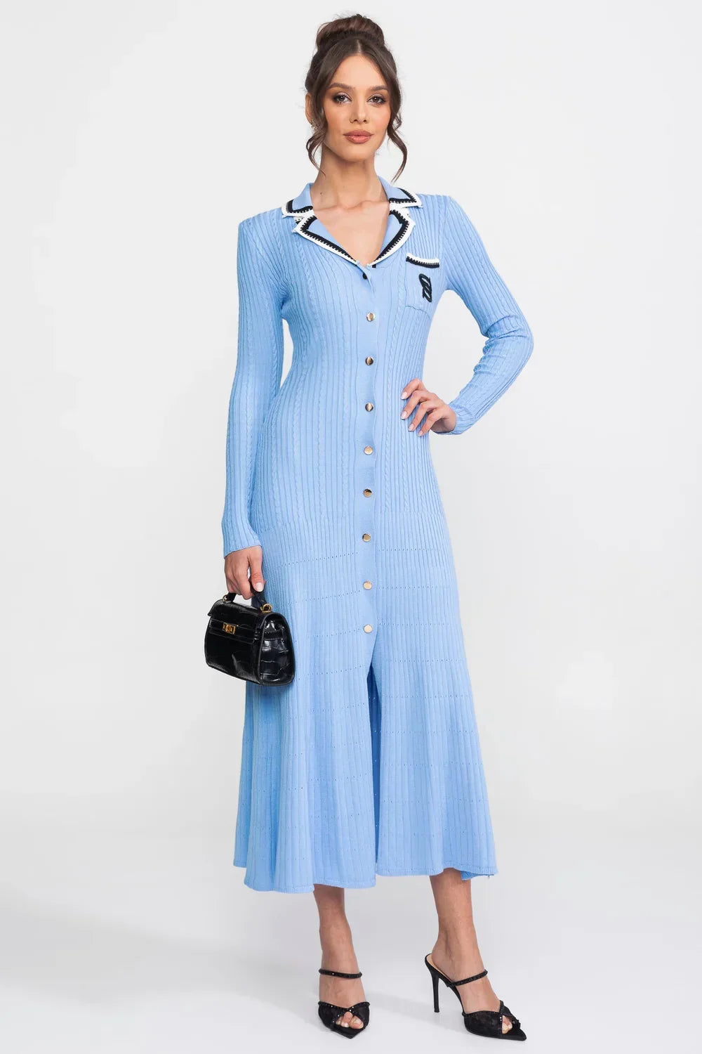 Vestido Longo em Tricô Canelado com Gola Polo e Mangas Alinhadas