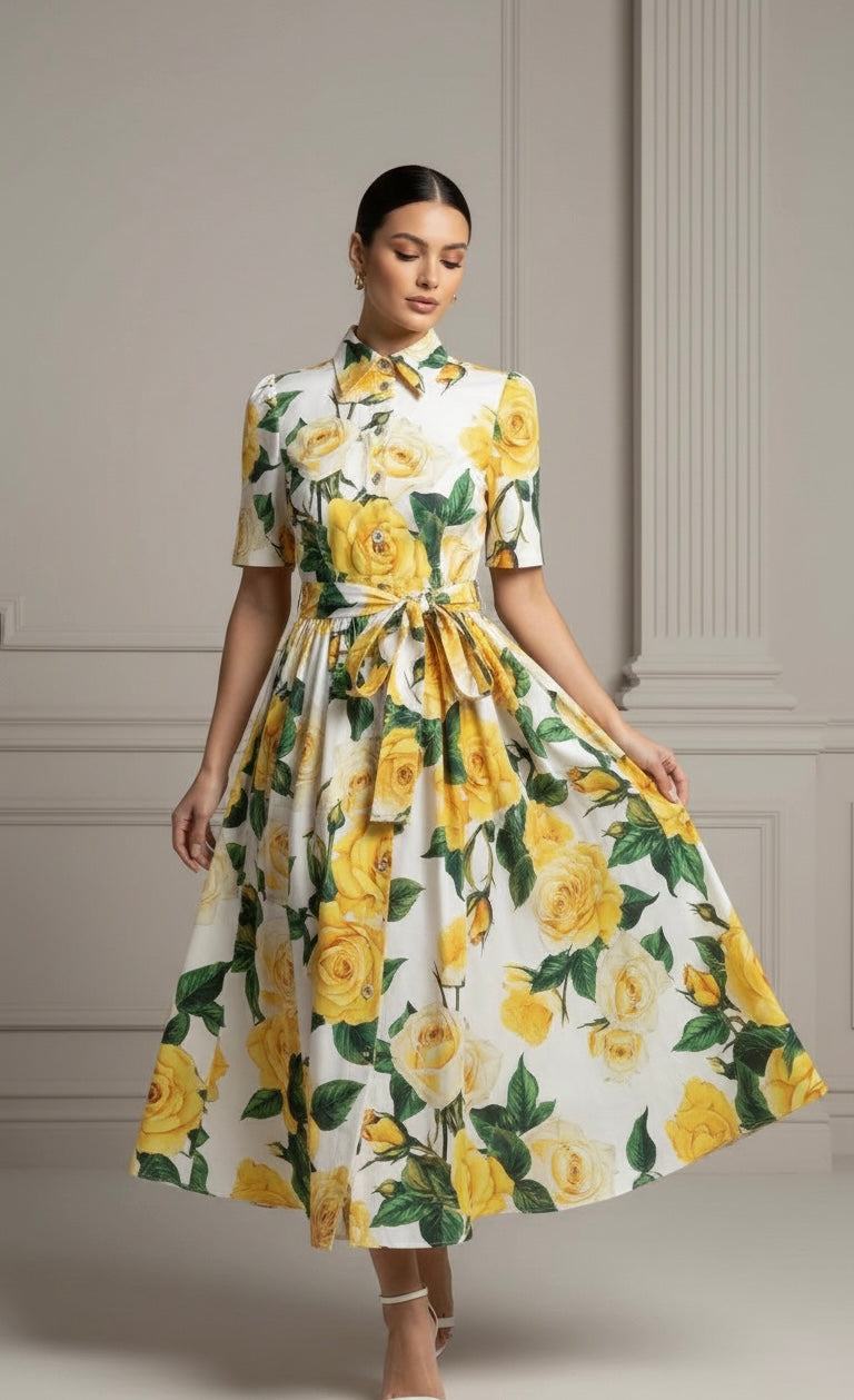 Vestido Verão com Cinto – Estampa Rosa-Amarela, Manga Curta, Comprimento Midi