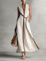 Constância | Vestido Longo Off-White em Linho com Decote V e Corte Fluido