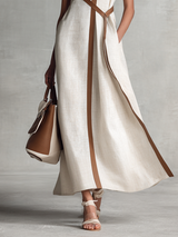 Constância | Vestido Longo Off-White em Linho com Decote V e Corte Fluido